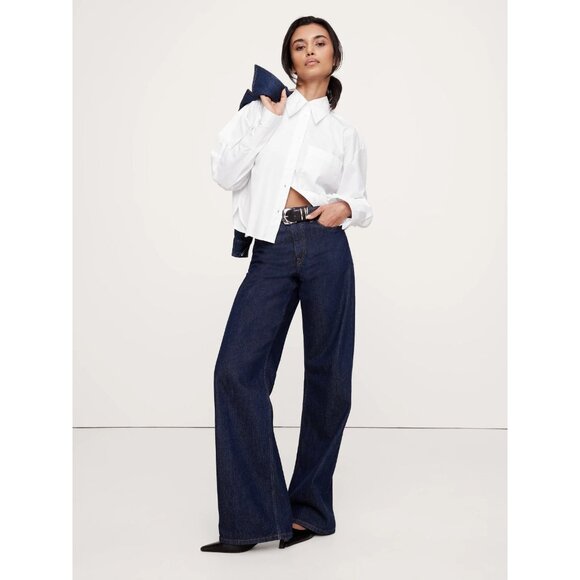 BANANA REPUBLIC White Cotton Poplin Cropped Button Down Skimmer Shirt, Size XS - Picture 1 of 14